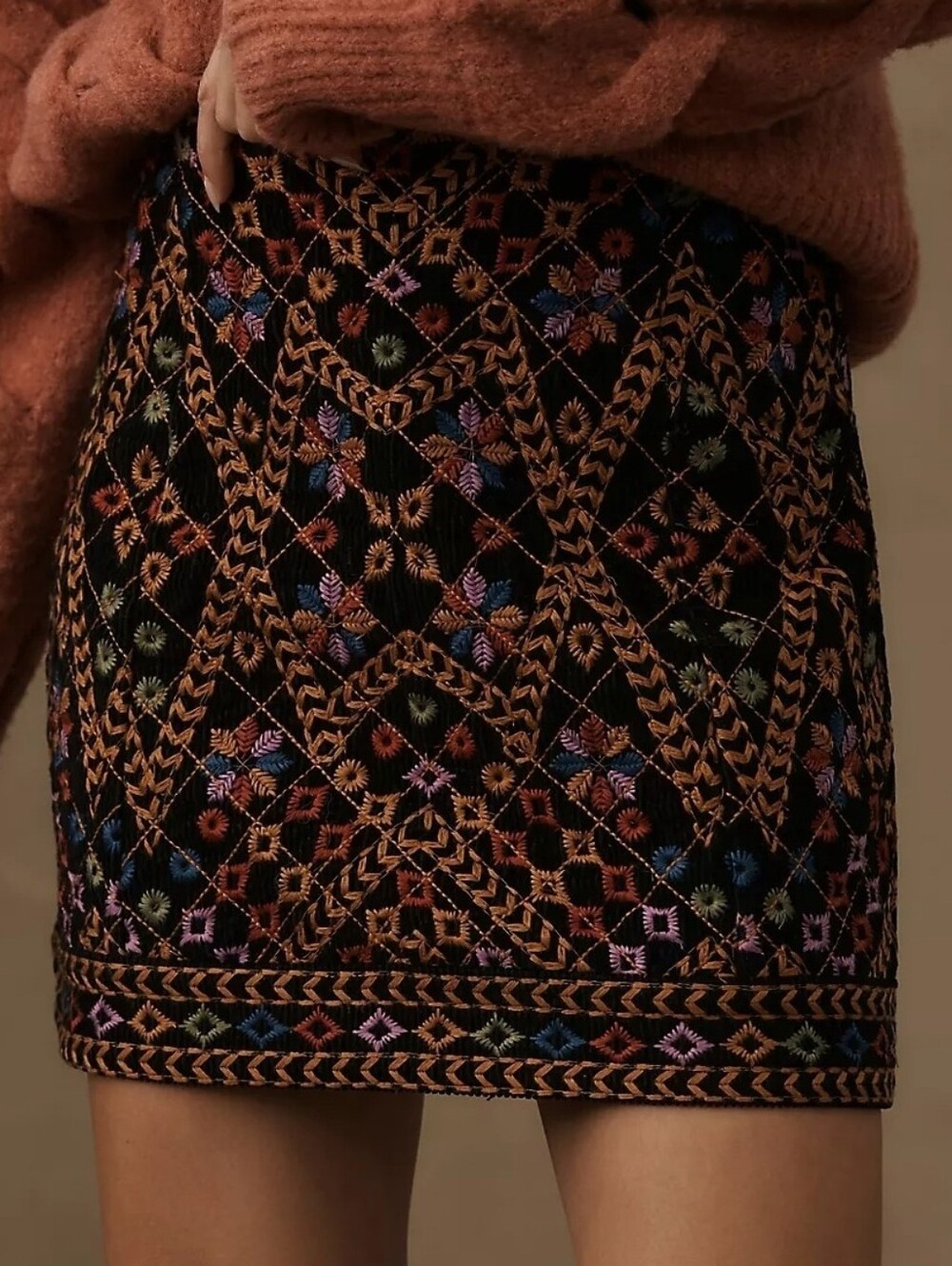 FARM Rio Black Mini Skirt with Colorful Geometric Embroidery - Great For Fall!